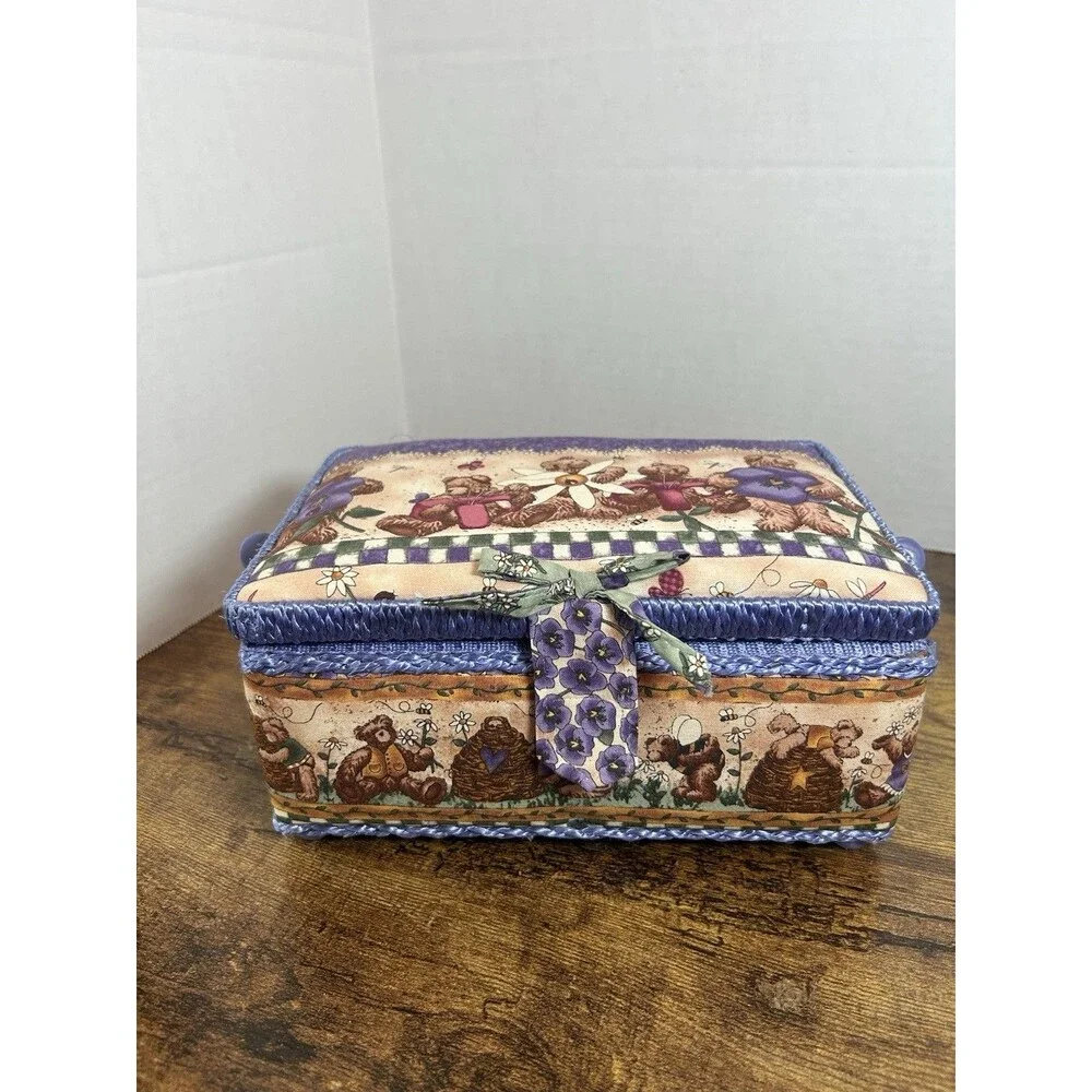 Vintage Teddy Bear Floral Sewing Basket Box Touch Fastener Philippines Purple